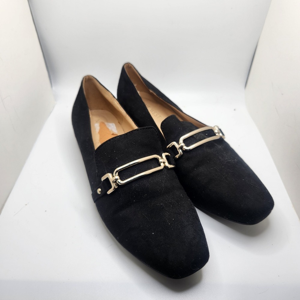 Nine West Women 6M Laine Black Suede Horsebit Loafers Gold Chain Flats Career